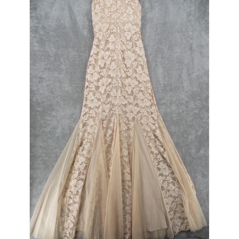 Xscape Dress Womens 4 Sheer Floral  Lace Trumpet Gown Feminine Wedding Lined Tan - Picture 6 of 14